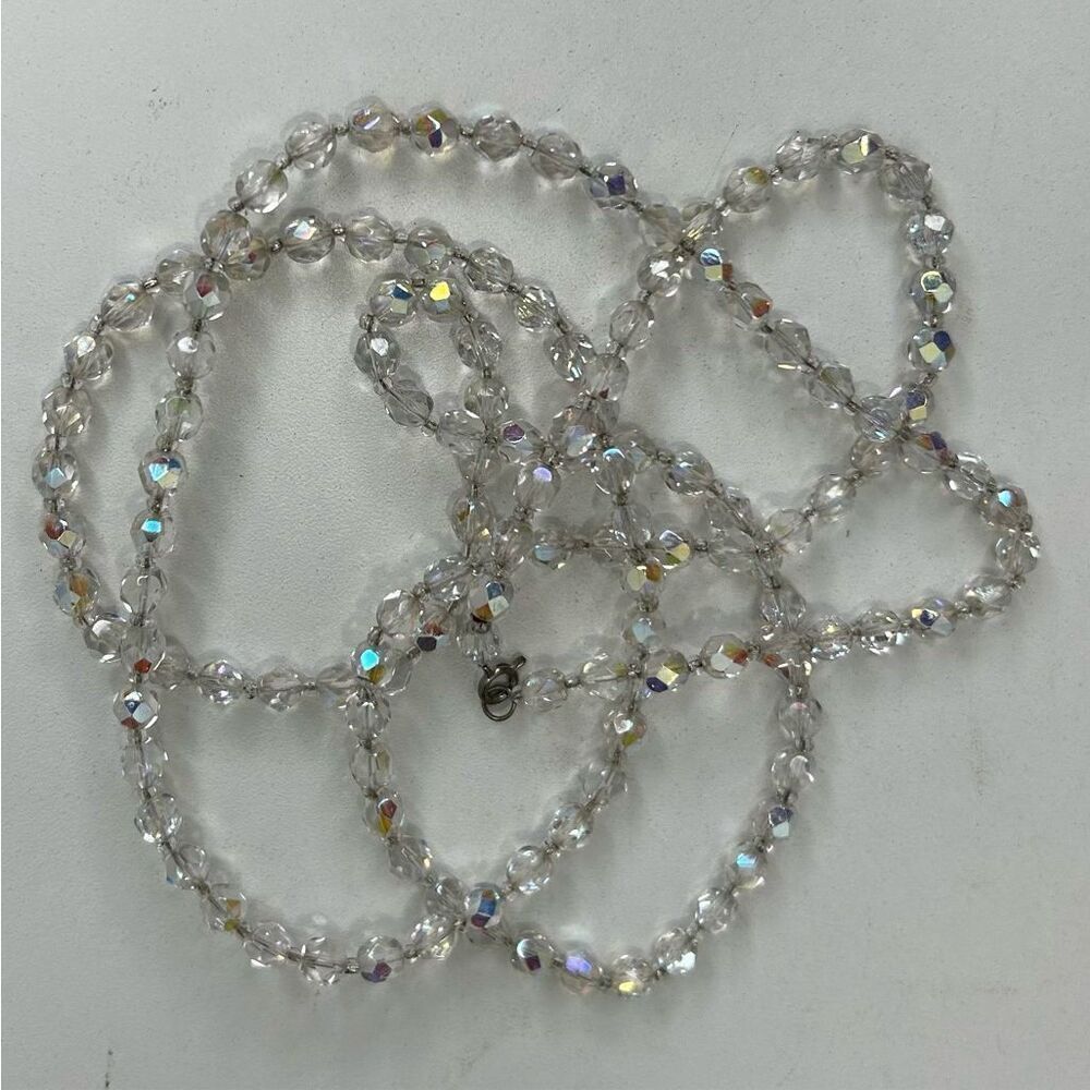 Vtg AB Aurora Borealis Beaded Necklace 48" Clear Single Strand Faceted Beads - Picture 7 of 8